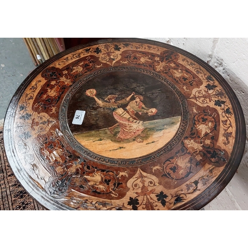 76 - Circular Bamboo Tripod Base Occasional Table with Inlaid Dancing Scene - C. 52cm W x 69cm H