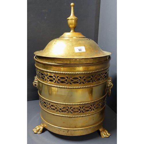 92 - Circular Brass Lidded Coal Scuttle with Paw Feet - C 50cm H x 33cm W