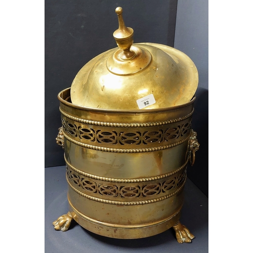 92 - Circular Brass Lidded Coal Scuttle with Paw Feet - C 50cm H x 33cm W