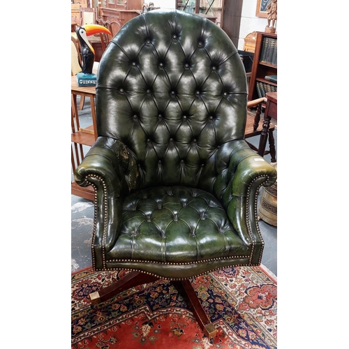 93 - Swivel Office Armchair with Green Deep Button Leather & High Back