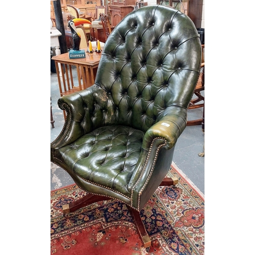 93 - Swivel Office Armchair with Green Deep Button Leather & High Back