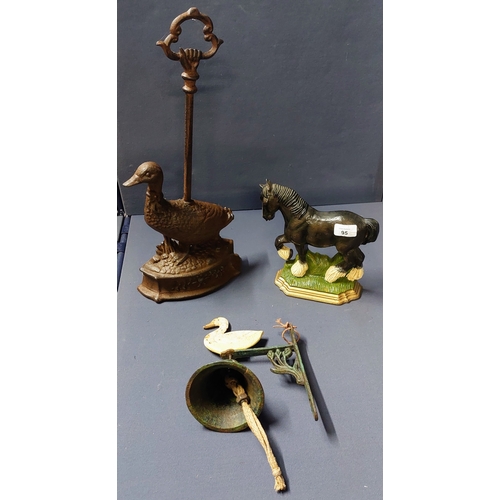 95 - Metal Horse and Duck Door Stops & Duck Patio Bell