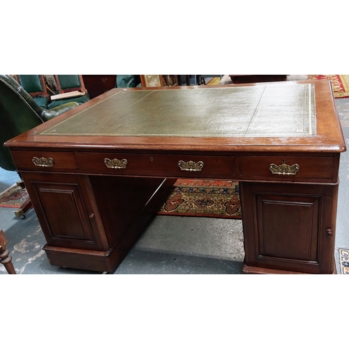 97 - Partners Desk with Gilt Tooled Leather Top and Brass Handles - C. 150cm W x 105cm D x 79cm H