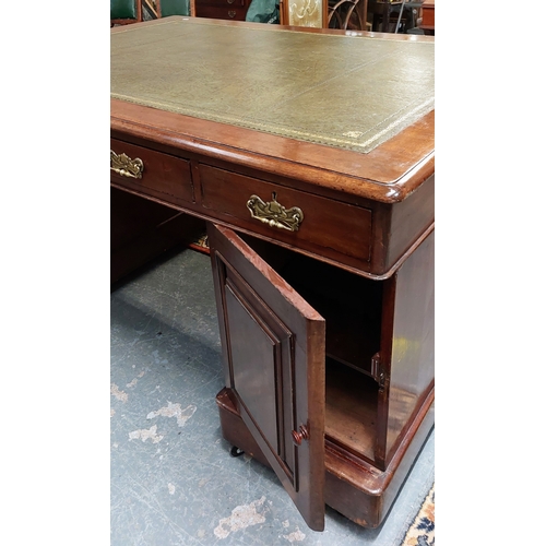 97 - Partners Desk with Gilt Tooled Leather Top and Brass Handles - C. 150cm W x 105cm D x 79cm H