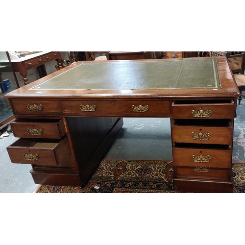 97 - Partners Desk with Gilt Tooled Leather Top and Brass Handles - C. 150cm W x 105cm D x 79cm H