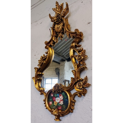 352 - Pair of Ornate Gilt Mirrors with Floral Panels - C. 94cm H x 52cm W