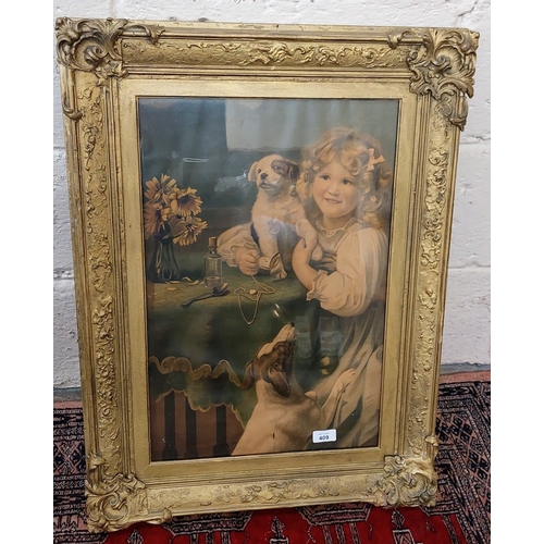 409 - Gilt Framed Print of Girl and Dog - C. 56cm W x 76cm H