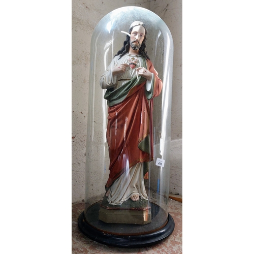 410 - Sacred Heart Statue with Glass Dome - C. 69cm H x 25cm W