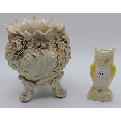 414 - Belleek Owl (21cm H) & Black Mark Belleek Jardiniere (26cm H)