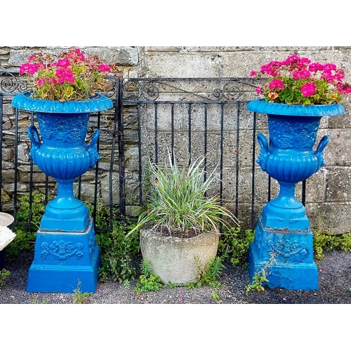 489 - Pair of Cast Iron Urns with Bases - C. 110cm H x 52cm W