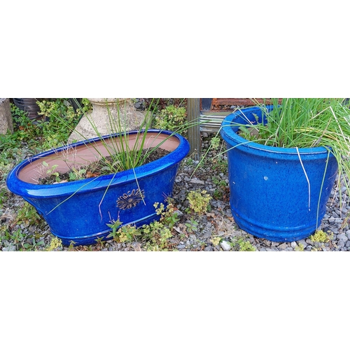 497 - 2 Blue Glazed Ceramic Planters - C. 39cm W x 34cm H & C. 55cm W x 32cm D x 24cm H