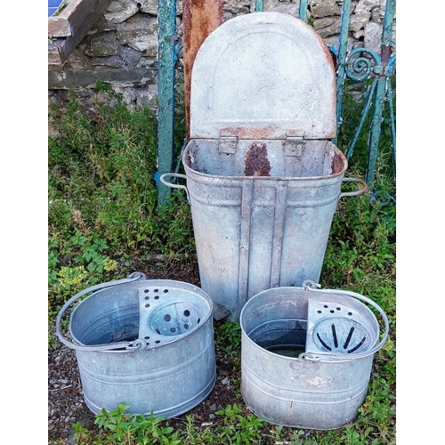 512 - Galvanized Feed Bin and 2 Tin Mop Buckets