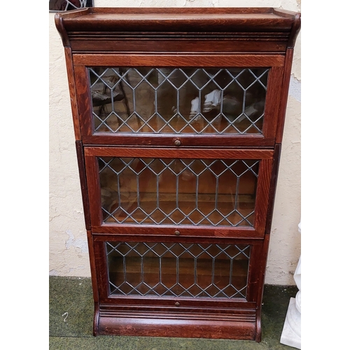 537 - Oak Leaded Glass Stacking Bookcase; 3 Section - C. 66cm W x 36cm D x 117cm H