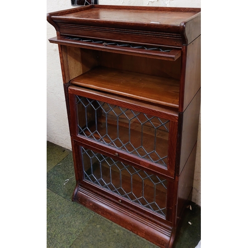 537 - Oak Leaded Glass Stacking Bookcase; 3 Section - C. 66cm W x 36cm D x 117cm H