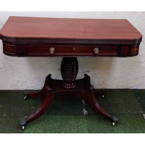 547 - Regency Mahogany Pedestal Tea Table with Frieze Drawer, Turned Centre Column, Channelled Legs and Br... 