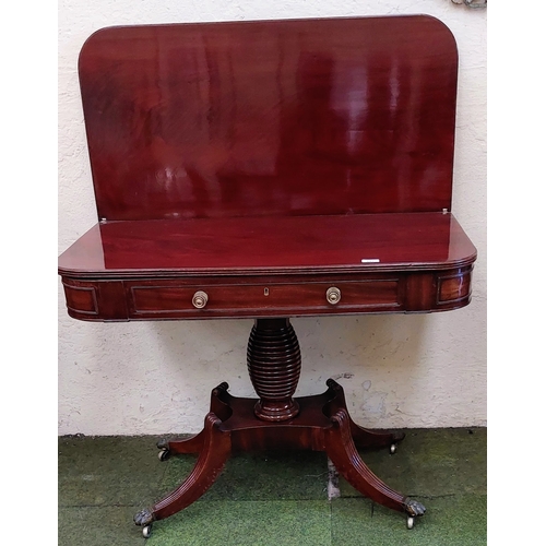 547 - Regency Mahogany Pedestal Tea Table with Frieze Drawer, Turned Centre Column, Channelled Legs and Br... 