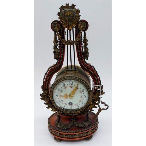 552 - French Enamel Face Lyre Top Mantle Clock with Key - C. 27cm H