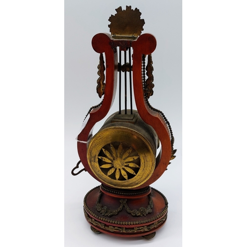 552 - French Enamel Face Lyre Top Mantle Clock with Key - C. 27cm H