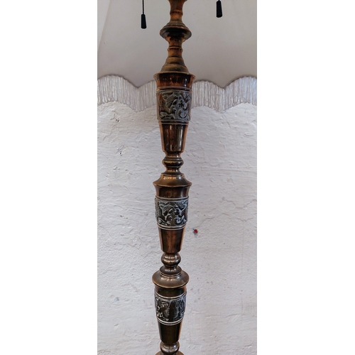 557 - Decorative Brass Standard Lamp & Shade - C. 175cm H