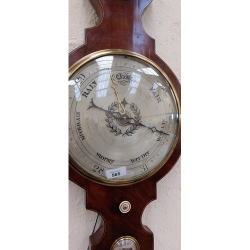 565 - Antique Mahogany Wheel Barometer with 10-inch Dial - C. 110cm H