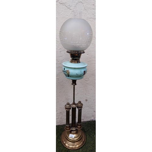 570 - Brass Triple Column Painted Glass Oil Lamp with Frosted Shade - C. 92cm H