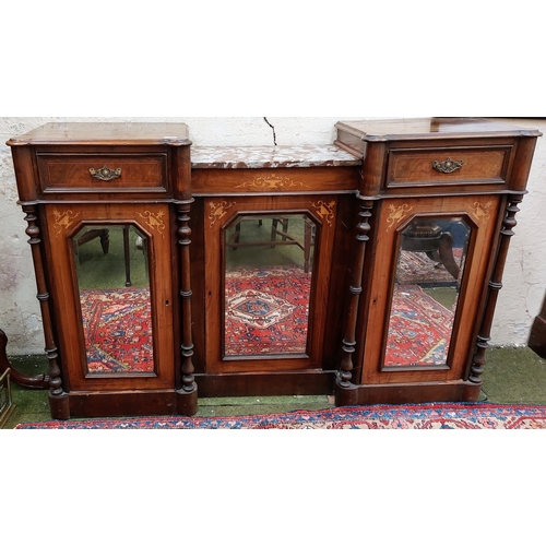 572 - Edwardian Inlaid Mahogany Mirror Door Sideboard with Centre Marble Top - C. 150cm W x 39cm D x 94cm ... 