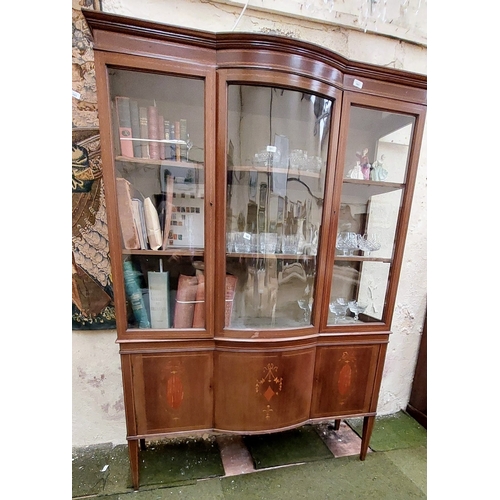 591 - Edwardian Inlaid Bow Front Display Cabinet - C. 136cm W x 43cm D x 189cm H