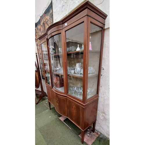 591 - Edwardian Inlaid Bow Front Display Cabinet - C. 136cm W x 43cm D x 189cm H