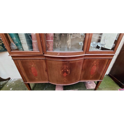 591 - Edwardian Inlaid Bow Front Display Cabinet - C. 136cm W x 43cm D x 189cm H