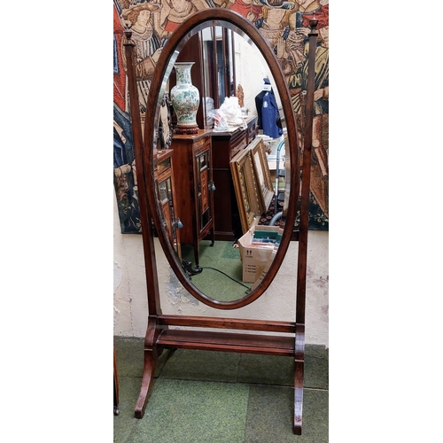 596 - Mahogany Oval Cheval Mirror - C. 77cm W x 170cm H