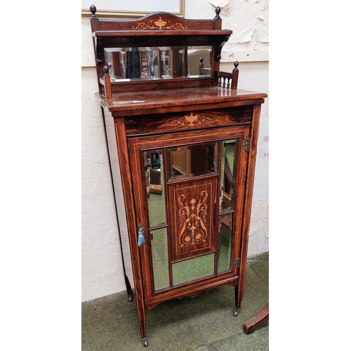 599 - Edwardian Inlaid Mirror Back Rosewood Cabinet with Mirror Panel Door; on Castors - C. 56cm W x 37cm ... 