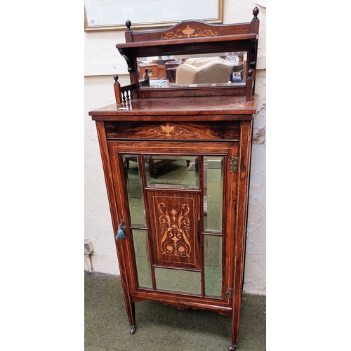 599 - Edwardian Inlaid Mirror Back Rosewood Cabinet with Mirror Panel Door; on Castors - C. 56cm W x 37cm ... 