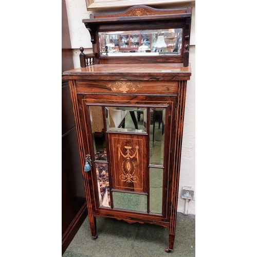 600 - Edwardian Inlaid Mirror Back Rosewood Cabinet with Mirror Panel Door; on Castors - C. 56cm W x 37cm ... 