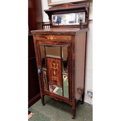 600 - Edwardian Inlaid Mirror Back Rosewood Cabinet with Mirror Panel Door; on Castors - C. 56cm W x 37cm ... 