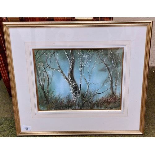 606 - Susan Mary Webb; Sgraffito Watercolour; Misty Woods - C. 49cm W x 52cm H