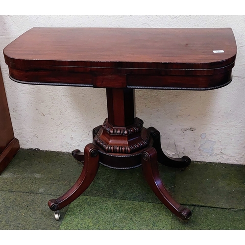 621 - Mahogany Turn Over Leaf Card Table with Carved Pod Base and Brass Castors - C. 92cm W x 46cm D x 76c... 