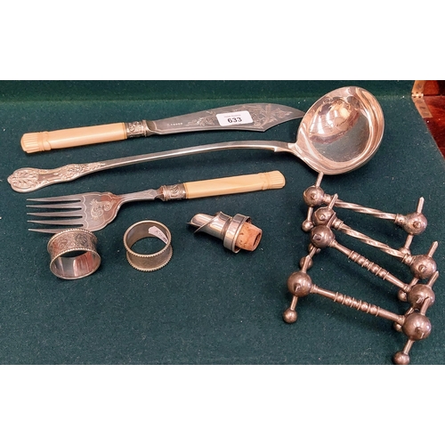 633 - Lot of Plated Silverware inc. Ladle, Fish Knife & Fork, Knife Rests, Napkin Rings etc