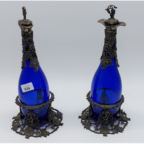 634 - Pair of Bristol Blue Glass Decanters