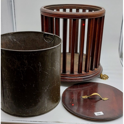 648 - Mahogany Lidded Coal Bucket with Brass Paw Feet - C. 38cm W x 42cm H