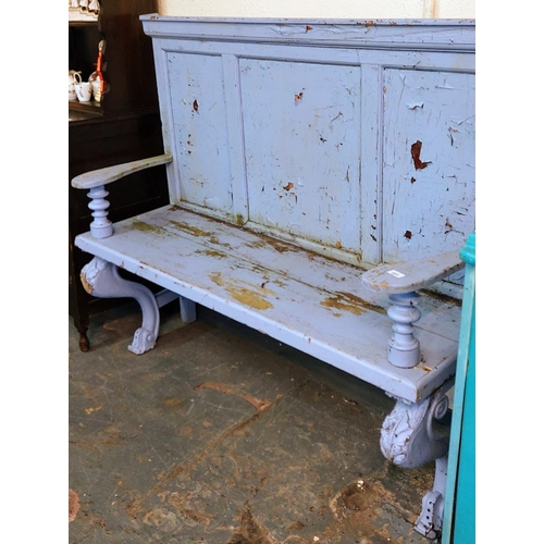 1053 - Painted Pine High Back Bench - C. 144cm W x 50cm D x 129cm H