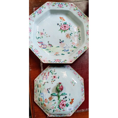 133 - Antique Chinese Famille Rose Octagonal Lidded Bowl (30cm W) and Octagonal Platter (38cm W)