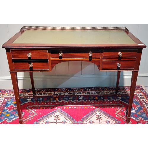 107 - Mahogany Kneehole Writing Desk with Gilt Tooled Leather Top and Brass Gallery Rail, by Redman & Hale... 