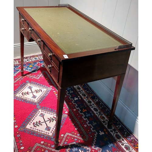 107 - Mahogany Kneehole Writing Desk with Gilt Tooled Leather Top and Brass Gallery Rail, by Redman & Hale... 