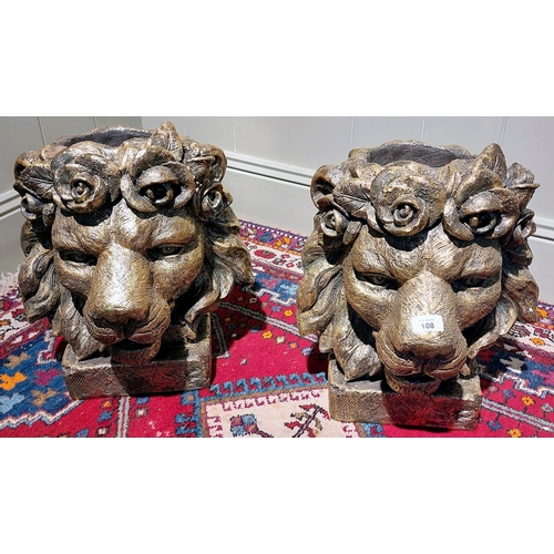 108 - Pair of Composite Lion Head Planters - C. 34cm W x 42cm H