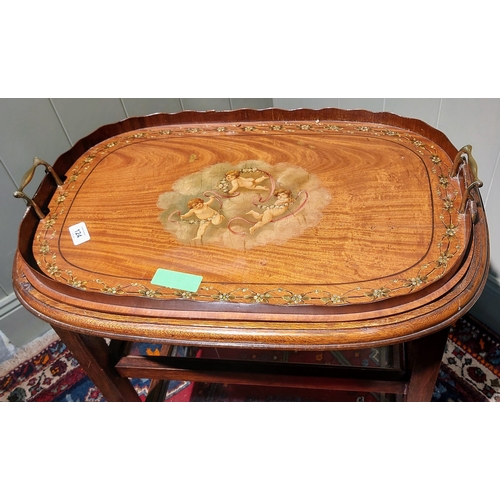 124 - Tray Top Serving Trolly with Cherub & Floral Painted Gallery Tray - C. 62cm W x 45cm D x 76cm H