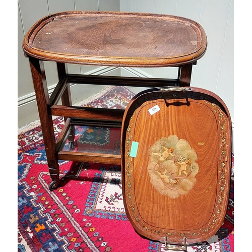 124 - Tray Top Serving Trolly with Cherub & Floral Painted Gallery Tray - C. 62cm W x 45cm D x 76cm H