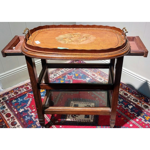 124 - Tray Top Serving Trolly with Cherub & Floral Painted Gallery Tray - C. 62cm W x 45cm D x 76cm H