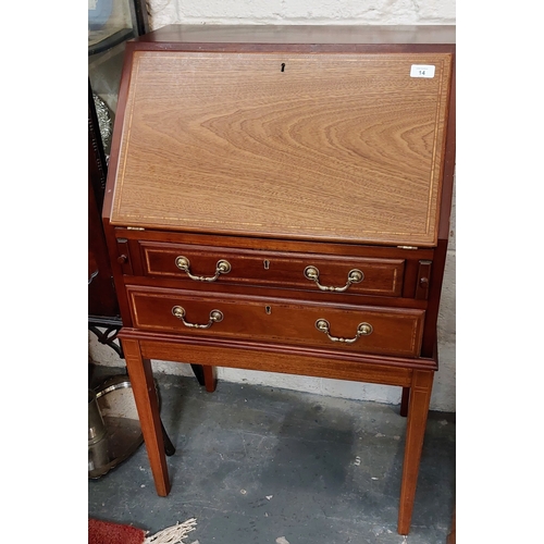 14 - Inlaid Mahogany 2 Drawer Writing Desk with Gilt Tooled Leather Slope - C. 61cm W x 44cm D x 102cm H