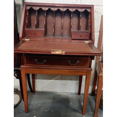 14 - Inlaid Mahogany 2 Drawer Writing Desk with Gilt Tooled Leather Slope - C. 61cm W x 44cm D x 102cm H