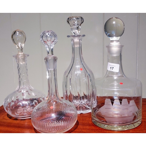 17 - 4 Glass Decanters - One with Ship Etching